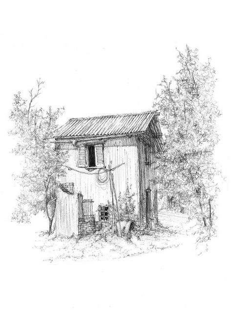 Hazel Tree, Adobe House, House Sketch, Tinta China, Architecture Drawing Art, Landscape Drawings, Black And White Drawing, Urban Sketching, Pen Drawing