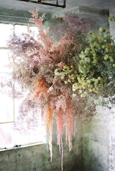 Industrial Loft Turned Feminine for a Valentine's Day Wedding ⋆ Ruffled Flowers Hanging, Feminine Wedding, Flower Installation, Martha Stewart Weddings, Hanging Flowers, Deco Floral, Dried Floral, Valentines Day Weddings, Dried Flower Arrangements