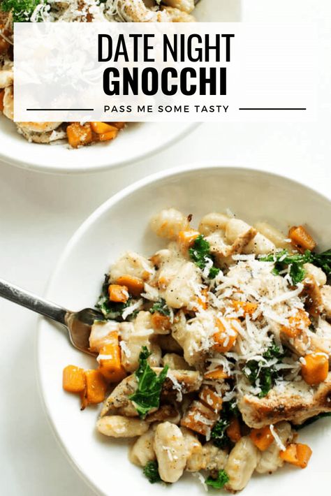 Date Night Gnocchi - A simple 30-minute dish featuring chicken, butternut squash, and kale combined in a creamy alfredo sauce and topped with grated parmesan cheese. So delish and dreamy! | passmesometasty.com #gnocchi #datenight #butternutsquash #dinner #glutenfree #passmesometasty Chicken Butternut Squash, Butternut Squash And Kale, Creamy Alfredo Sauce, Night Dinner Recipes, College Food, Chicken And Butternut Squash, Date Night Dinners, Date Night Recipes, Gnocchi Recipes