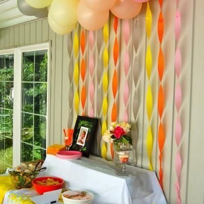 Balloon and Streaming Food table backdrop pink yellow and white steamers and balloons Lila Party, Paper Decorations Diy, Party Entertainment, Grad Parties, Outdoor Party, Cool Stuff, Bday Party, Decoration Table, Paper Decorations