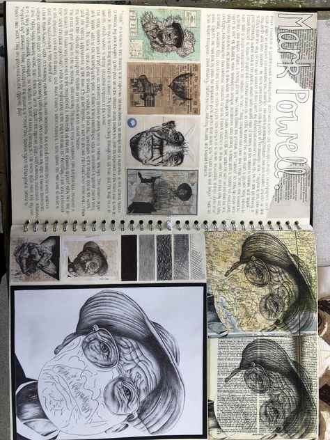 Mark Powell context page A-level sketchbook A Level Artists Research, Mark Powell Research Page, Sketchbook Pages A Level, Mark Powell Gcse Sketchbook Ideas, College Sketchbook Ideas, Mark Powell Artist Research Page, Sketchbook Ideas A Level, A Level Sketchbook Layout, A Level Artist Research