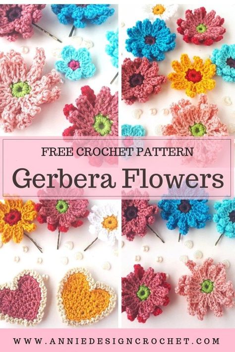 Gerbera Crochet Flowers – Free Crochet Pattern for easy beginner crochet flowers. Make hair clips, brooches, attach to a baby blanket Crochet Gerbera, Crocheted Bracelets, Crochet Appliqué, Crochet Flower Hat, Crochet Appliques, Crochet Flowers Easy, Crochet Flowers Free Pattern, Yarn Flowers, Flowers Crochet