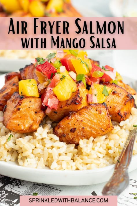 Salmon With Mango Salsa, Mango Salmon, Cholesterol Friendly Recipes, Air Fryer Recipes Salmon, Salmon With Mango, Salmon Bites Recipe, Air Fried Fish, Mango Salsa Salmon, Fresh Mango Salsa