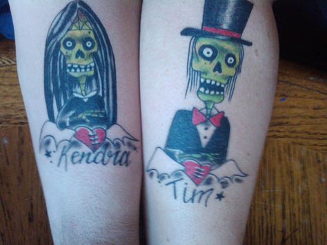 ... I got my very first tattoo. The wife and I both got his and her tats of a zombie bride and groom. Mine is on the left side of the pic below. Zombie Bride And Groom, Zombie Tattoo, Marriage Tattoos, Zombie Tattoos, Zombie Bride, Tattoos Temporary, Tattoos Love, Brides With Tattoos, Matching Couple Tattoos