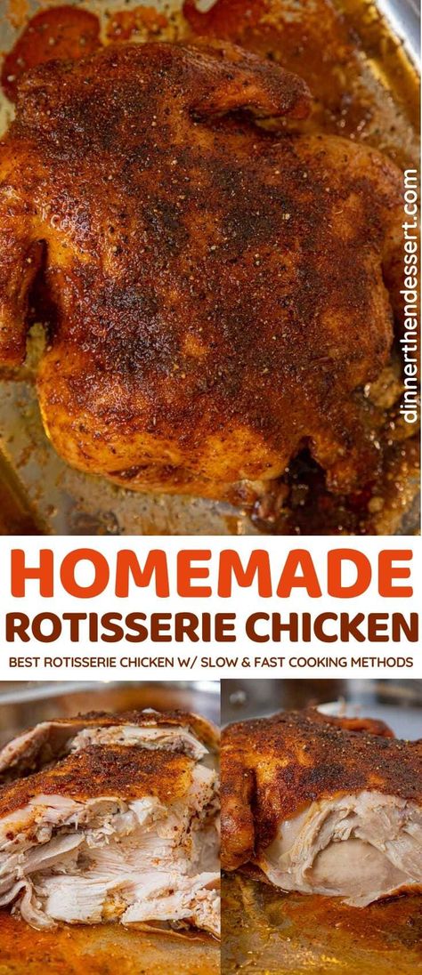 Rotisserie Chicken, made in your own oven! #dinner #chicken #rotisseriechicken #roastedchicken #ovenbakedchicken #dinnerthendessert Best Rotisserie Chicken Recipe, Homemade Rotisserie Chicken, Comfort Food Sides, Rotisserie Chicken Seasoning, Rotisserie Chicken Recipe, Oven Chicken Recipes, Whole Chicken Recipes, Chicken Recipies, Leftover Rotisserie Chicken