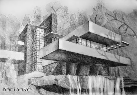 Fallingwater Drawing Falling Water House Drawing, Pencil Sketches Architecture, Falling Water Architecture, Falling Water Frank Lloyd Wright, Falling Water House, Waterfall House, Perspective Drawing Architecture, Falling Water, Water House