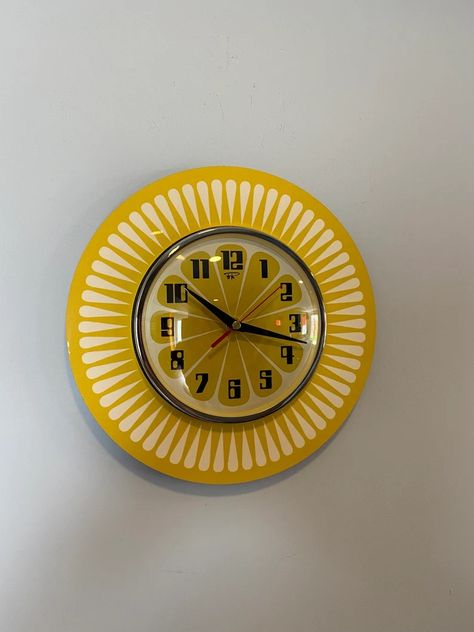 Handmade 1970's Style Daisy Yellow Formica Wall Clock in Orange & With a Funky Daisy Yellow Segment Face From Royale - Etsy 70’s Decor, Sunburst Clock, Daisy Yellow, Retro Rocket, Clock Painting, Retro Wall Clock, Cool Clocks, Kitchen Wall Clocks, Retro Clock