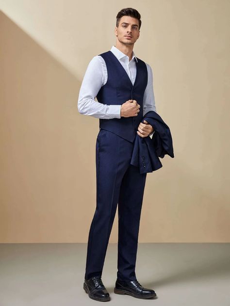 SHEIN Men Lapel Collar Solid Blazer and Pants Set With Vest | SHEIN USA Vest Men Outfit, Blue Suit Vest, Blue Pants Men, Dark Blue Wedding, Tie Outfit, Navy Blue Vest, Dark Blue Suit, Wedding Tux, Formal Men