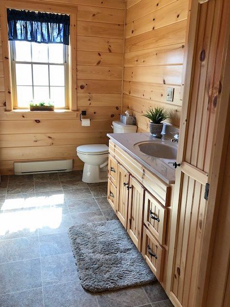 Small Cabin Interiors Kitchen, Cabin Style Bathroom Ideas, Cedar Bathroom Walls, Cabin Master Bath, Log House Bathroom, Small Cabin Bathroom Ideas, Small Log Cabin Interior, Cabin Style Bathroom, Small Cabin Bathroom