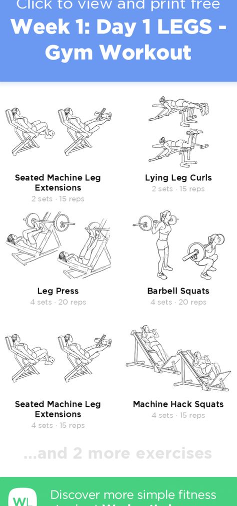 Week 1: Day 1 LEGS - Gym Workout – click to view and print this illustrated exercise plan created with #WorkoutLabsFit Workout Fitness Motivation, Lying Leg Curls, Motivation Photo, Paleo Workout, Workout Labs, Fitness Pictures, Woman Workout, Girl Workout, Reps And Sets