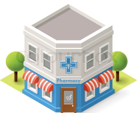 Stock vector of 'Vector isometric pharmacy building icon' Pharmacy Building, Stylized Environment, Blender Ideas, Urgent Care Clinic, Building Icon, 3d Blender, Big Building, Pharmacy Design, City Vector