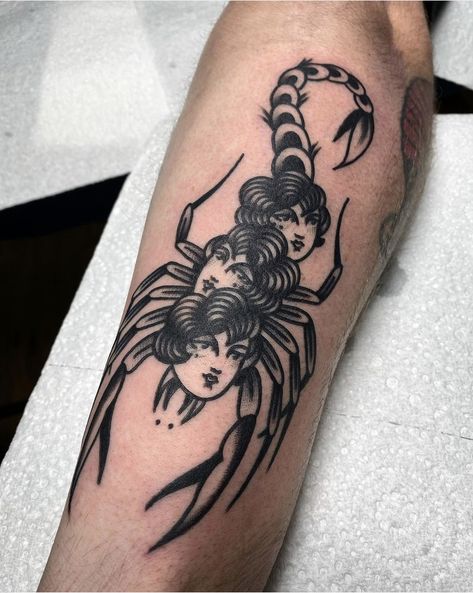 Tradition Black Tattoo, Traditional Tattoo Of A Woman, Spooky Traditional Tattoo Black, Scorpion American Traditional Tattoo, American Gothic Tattoo, Trippy American Traditional Tattoo, Ball And Chain Tattoo Traditional, Traditional Thigh Tattoo Women, Dark American Traditional