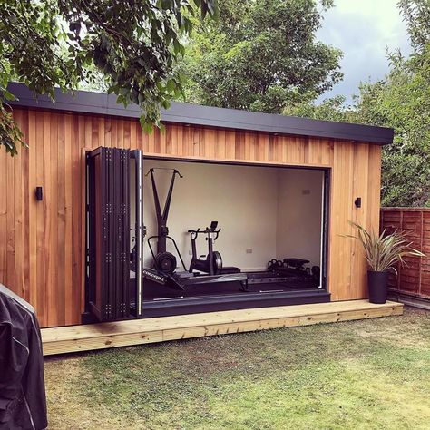 14 Cool She Shed Ideas for Inspiration | Extra Space Storage Shed With Hot Tub, Backyard Music Studio, Backyard Yoga Studio, Yoga Shed, Backyard Yoga, She Shed Ideas, Small Pool Houses, Sheds Ideas Backyard, Gym Shed