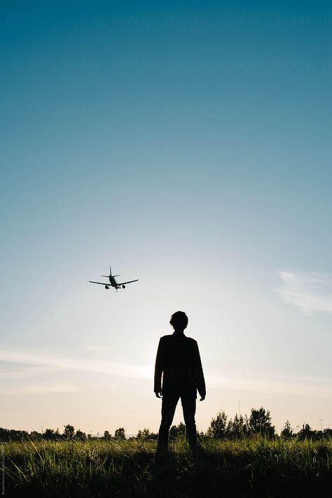 Silhouette Of A Man Watching A Plane In The Sky | Stocksy United Plane Photoshoot, Plane In The Sky, Silhouette Of A Man, Life Reference, Person Photography, Fly Plane, Airplane Photography, Heart Iphone Wallpaper, Man Sitting