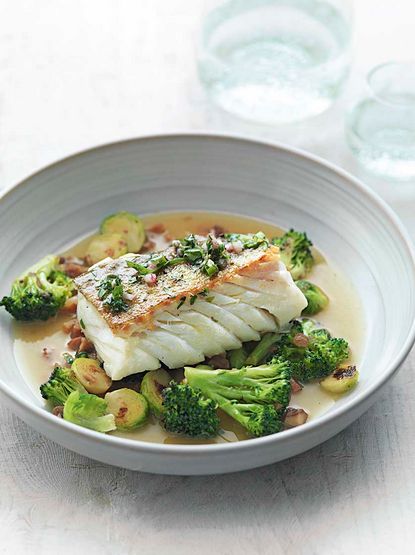 Marcus Wareing: Braised cod with herb vinaigrette, toasted broccoli, sprouts and chestnuts Waitrose Food, Herb Vinaigrette, Broccoli Sprouts, Meatless Monday Recipes, Fine Dining Recipes, Pescatarian Recipes, Travel Magazine, Food O, Food And Travel