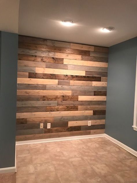 Shiplap Wall From Pallets, Shiplap Gym Wall, Different Color Shiplap Walls, Boards On Walls Diy, Barnwood Planks On Wall, Wood Stain Shiplap Wall, Shiplap Wall Stained, Multi Stained Wood Wall, Plank Board Walls