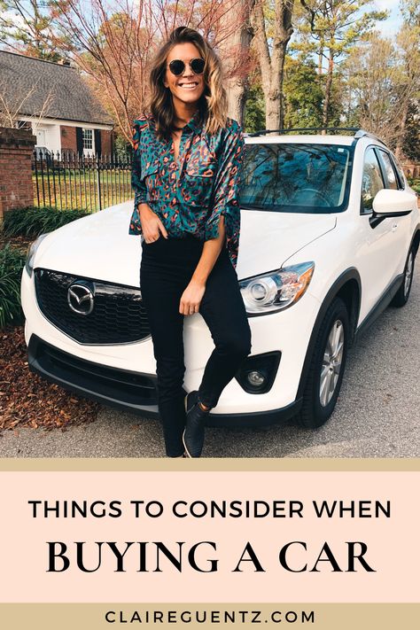 What to Consider Financially When Buying a New Car | I just bought my first car in 13 years &  there were a lot of things I considered before buying - do I go new or used, should I buy the luxury vehicle I want because it technically fits in my budget, or is there a better use for that money? One thing I knew is I wanted to buy it with cash rather than finance it. Read to get my tips for buying a car & staying aligned with your financial goals. | Claire Guentz #carbuyingtips #financialtips Car Buying Outfit, Buying My First Car, Bought My First Car, Buying A New Car, My First Car, Buying New Car, Buying A Car, Luxury Vehicle, Lexus Rx 350