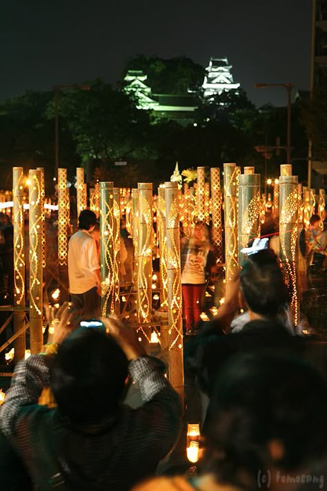 Mizuakari | "Bamboo Lantern Festivsl at Kumamoto castle." Ch… | Flickr Bamboo Art Installation, Snowboarding In Japan, Rustic Restaurant Interior, Kumamoto Castle, Outdoor Restaurant Design, City Branding, Bamboo Lantern, City Japan, Bamboo Construction