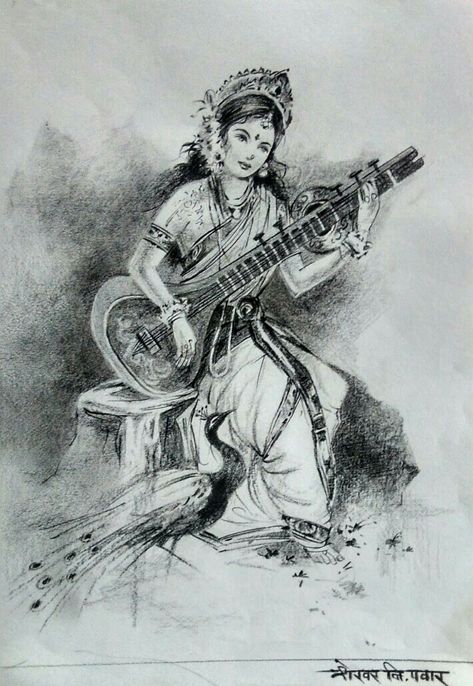 Saraswati Pencil sketch Shekhar N.Pawar Saraswati Pencil Sketch, Saraswati Maa Sketch, Saraswati Painting Art Sketch, Maa Saraswati Drawing Sketch, Saraswati Goddess Sketch, Saraswati Goddess Paintings Sketch, Saraswati Aesthetic, Saraswati Sketch, Saraswati Mata Drawing