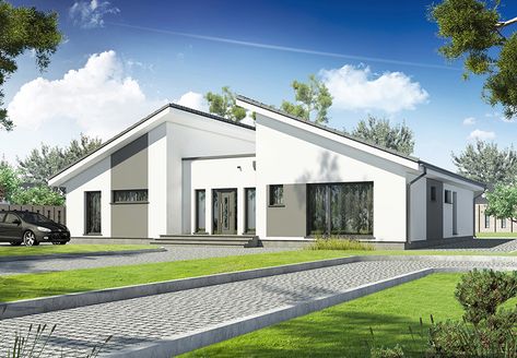 Voorzijde bungalow Semi Detached Bungalow, Small Contemporary House Plans, Dormer House, Skillion Roof, Flat Roof House, Bungalow Style House Plans, Detached Bungalow, Contemporary House Exterior, Duplex Design