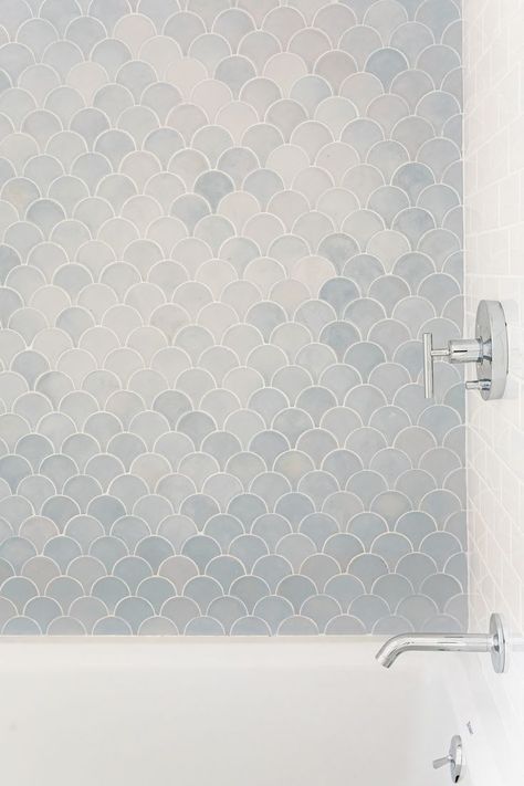 Scallop Tile Bathroom, Fishscale Tile, Coastal Bathroom Tile, Coastal Farmhouse Bathroom, Mermaid Tile, Scallop Tiles, Coastal Bathroom Design, Coastal Interior Design, Ceiling Details