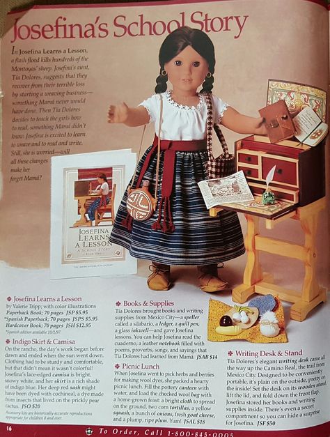 Josefina's School Story American Girl catalog page Original American Girl Dolls, American Girl Catalog, American Girl Magazine, 1990s Kids, Girls Dollhouse, American Girl Crafts, Pleasant Company, Journey Girls, American Dolls