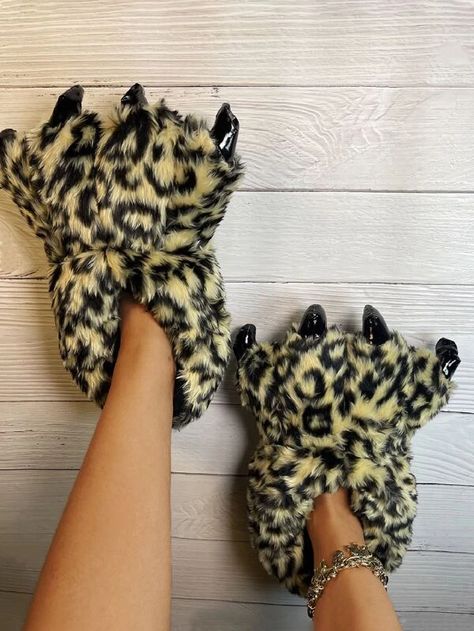 Leopard Pattern Fluffy Novelty Slippers | SHEIN USA Slippers Funny, Novelty Slippers, Funny Slippers, Paw Slippers, Slippers Cute, Shower Sandals, Shower Shoes, Animal Slippers, Home Slippers