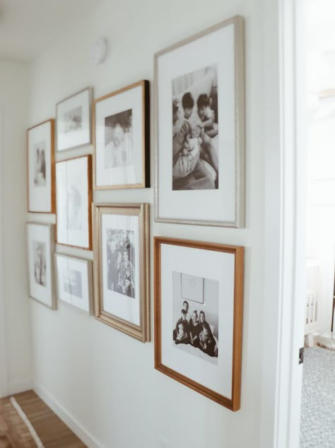 Gallery Wall Ideas Hallway Entryway, Wall Of Photos Ideas Hallways, Foyer Wall Art Ideas, 3 Photo Gallery Wall, Decor Ideas For Stairway Walls, Gallery Wall Corridor, Classy Gallery Wall, Small Hallway Gallery Wall, Gallery Wall In Hallway