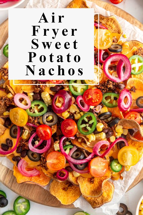 Air Fryer Sweet Potato Nachos are the crispiest, cheesiest nachos made from sweet potatoes! They are completely oil-free and plant-based. Load them up with your favorite toppings for a healthier nacho alternative. ‍#plantbasedideas #healthy #plantbasedrecipeshealthy #veganlifestyle #plantbasedeating #healthyplantbased #eating #plantbaseddinner #plantbaseddinnereasy #glutenfreeplantbasedrecipes #plantbased #glutenfree #vegan #recipes #easy #vegan #plantbased Sweet Potato Nachos Air Fryer, Sweet Potato Nachos Healthy, Air Fryer Nachos Recipes, Blog Examples, Sweet Potato Crisps, Salt Free Recipes, Vegan Tacos Meat, Potato Nachos, Sweet Potato Nachos