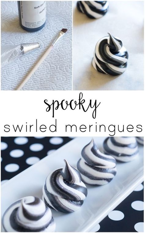 spooky swirled meringues ... striped meringue cookies for Halloween! Halloween Pavlova, Boo Cookies, Meringue Ideas, Meringue Pops, Halloween Cooking, Cookies For Halloween, Caramel Recipe Easy, Recetas Halloween, Caramel Shortbread