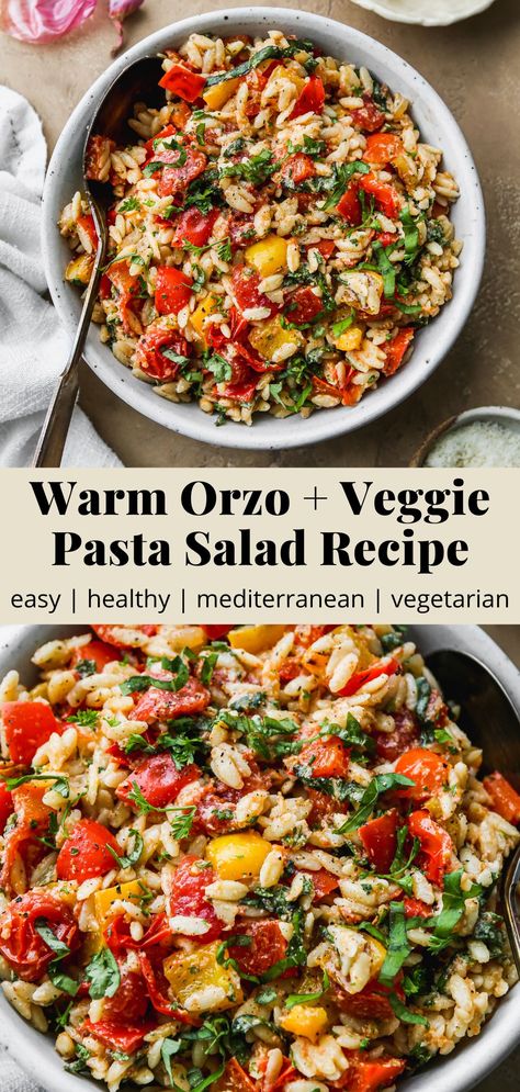 Warm Mediterranean Orzo Pasta Salad | Walder Wellness, RD Mediterranean Orzo Pasta, Mediterranean Orzo Pasta Salad, Orzo Salat, Mediterranean Orzo, Greek Orzo Salad, Orzo Salad Recipes, Orzo Pasta Salad, Orzo Recipes, Fresh Salad Recipes