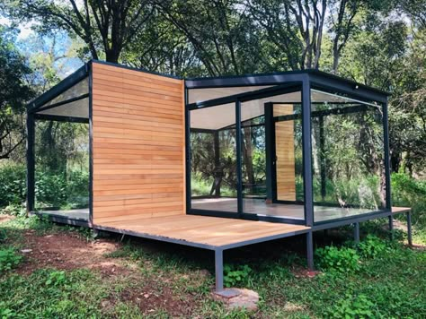 Metal Prefab Homes Steel Buildings, Glass And Steel House, Steel Homes Metal Houses, Steel Frame Homes, A Frame Cabin Plans, Steel Structure Buildings, Steel Frame House, Modern Small House Design, Mirror House