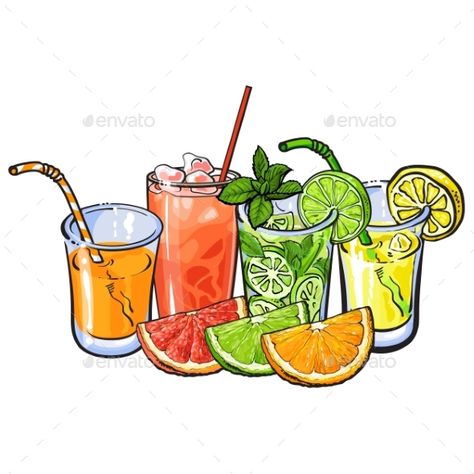 Orange, grapefruit, lime, lemon juice and fruits, hand drawn sketch vector illustration on white background. Hand drawing of orang Eid Stickers, Cocktails Bar, Woodworking For Kids, Juice Glasses, Bar Art, Colorful Fruit, Tea Art, Food Drawing, Hand Drawing