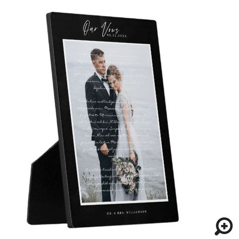 Newlyweds Mr. & Mrs. wedding day our vows & photo keepsake plaque to always remember your special day and your love and promise to each other. This elegant wedding day keepsake plaque features a simple minimal large single photo layout to display your own special wedding day photo with a thick black frame. #weddingvows #weddingvowsplaque #newlyweds #wedding #hervows #hisvows #hisandhervows #weddingphotovows Modern Wedding Vows, Custom Displays, Photo Layouts, Wedding Memorial, Memorial Keepsakes, Wedding Frames, Wedding Vows, Elegant Wedding, Wedding Signs