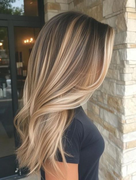 Blonde Highlights On Balayage Hair, Brown To Blonde Hair Inspiration, Brown Hair With Blonde And Caramel, Brunette Balayage Hair With Blonde Money Piece, Balayage Inspo Blonde, Hair Colours Blonde And Brown, Dark Roots Brunette Balayage, Dark Brown To Blonde Balayage Long, Blonde Balayage In Dark Hair