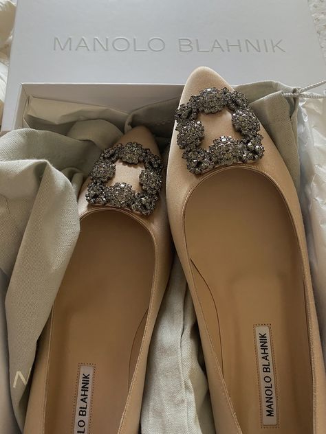 Manolo Blahnik Hangisi Flats, Hangisi Flats, Champagne Aesthetic, Manolo Blahnik Flats, Manolo Blahnik Hangisi, Embellished Shoes, Wedding Shoes Flats, Jimmy Choo Heels, Manolo Blahnik Shoes