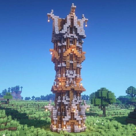 Minecraft Tower Designs Medieval, Minecraft Fantasy Tower, Minecraft Towers, Minecraft Tower Ideas, Minecraft Medieval Tower, Minecraft Tower, Fantasy Tower, Mc Builds, Minecraft Mansion