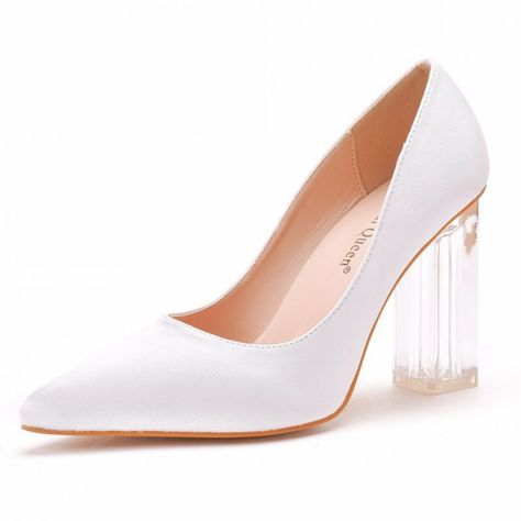 Modest / Simple White Wedding Shoes 2022 9 cm Crystal Thick Heels Pointed Toe Wedding Pumps High Heels Square High Heels, Transparent Shoes, Prom Pumps, Crystal Wedding Shoes, White Block Heels, Wedding Pumps, Bride Fashion, Shoes 2023, Elegant High Heels