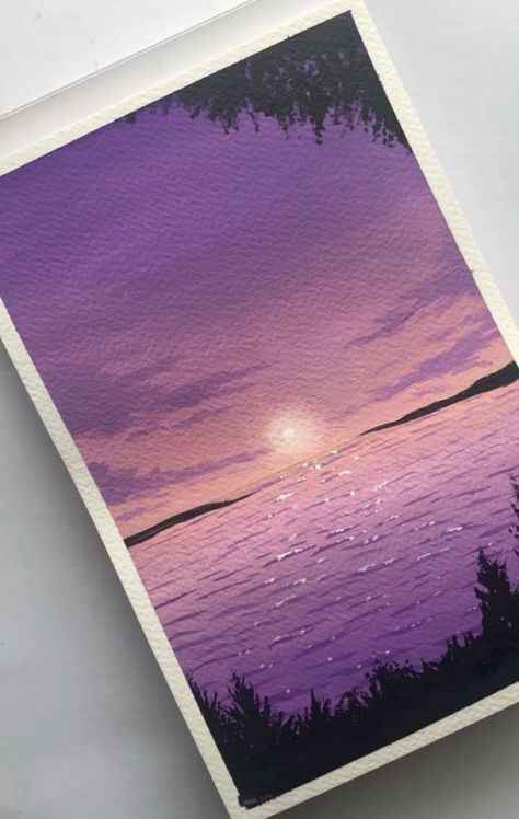 Lavender Sunset Painting, Medium Canvas Painting Ideas Easy, Sun Painting Easy, Purple Art Aesthetic Painting, Gouache Painting Easy, Purple Landscape Painting, Purple Sunset Painting, Gouache Sunset, Gouache Painting Ideas