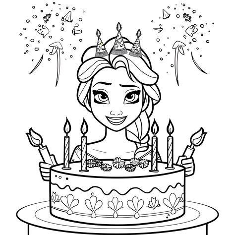 Elsa celebrating her birthday with a cake (free printable PDF black-and-white line drawing coloring page suitable for all, from beginners to advanced learners, including children, teens, adults, and seniors) Elsa Drawing, Elsa Coloring, Elsa Coloring Pages, Disney Stained Glass, Thanksgiving Color, Summer Coloring Pages, Coloring Pages Free Printable, Thanksgiving Coloring Pages, Magical Book