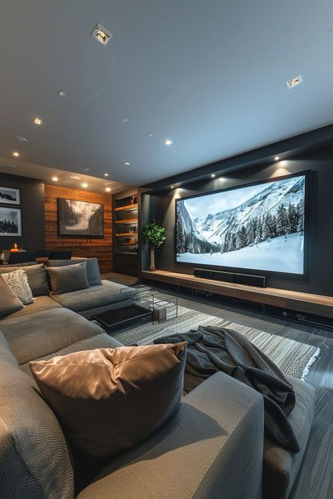 29 Bonus Room Ideas to Maximize Your Extra Space 3 Large Tv Room Ideas, Apartment Theater Room, Basement Large Tv Wall, Basement Inspo Cozy, Simple Movie Room Ideas, Living Room Sound System, Projector In Basement Ideas, Basement Family Room Ideas Cozy Living Interior Design, Cozy Basement Tv Room