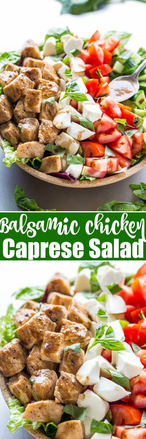 Balsamic Chicken Caprese Salad - Juicy chicken coated in balsamic along with plump tomatoes, creamy mozzarella, and basil!! Easy, healthy, ready in 15 minutes! The caprese salad you'll make AGAIN and again!! Chicken Caprese Salad, Ensalada Caprese, Chicken Caprese, Salad With Balsamic Dressing, Keto Salads, Green Salads, Salad Chicken, Averie Cooks, Caprese Chicken