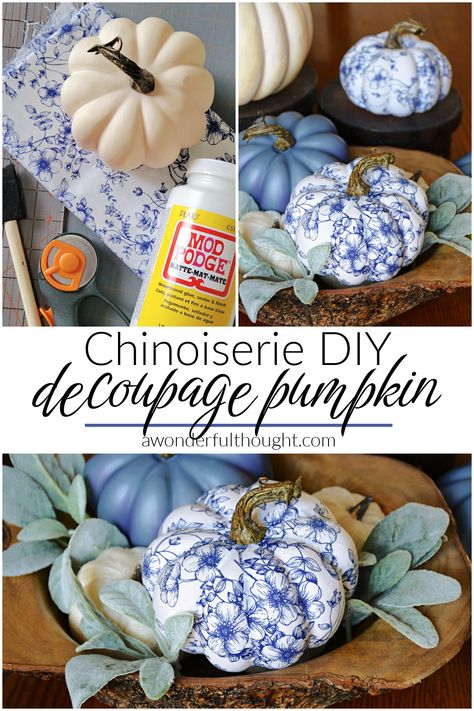 Chinoiserie Pumpkins Diy, Chinoiserie Diy, Diy Chinoiserie, Decorating Pumpkins, Decoupage Pumpkins, Chinoiserie Pumpkins, Mod Podge Matte, Diy Decoupage, Plastic Pumpkins