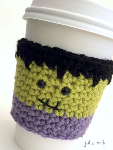 Crochet Frankenstein Cozy Pattern - Just Be Crafty Crochet Halloween Coffee Cozies, Beginner Crochet Coffee Cozy, Halloween Coffee Cozy Crochet Pattern, Crochet Halloween Mug Cozy, Crochet Fall Cup Sleeve, Halloween Cup Cozy Crochet, Crochet Halloween Cup Cozy Free Pattern, Crochet Fall Cup Cozy Free Pattern, Coffee Cozy Crochet Pattern Free