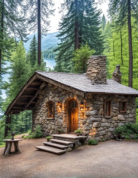 Stone And Wood House, Stone Cottage Homes, Small Stone Cottage, Small Stone House, Stone Homes, Stone Cabin, Log Cabin Living, Deep In The Woods, Log Cabin Rustic