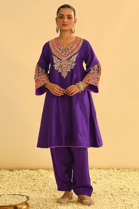 Deep Purple Pure Silk Chanderi Kashmiri Tilla Embroidered Kurta Set by Sheetal Batra at Pernia's Pop Up Shop 2024 Sheetal Batra, Pernia Pop Up Shop, Kurta Set, Pop Up Shop, Deep Purple, Pure Silk, Indian Fashion, Fashion Designer, Pop Up