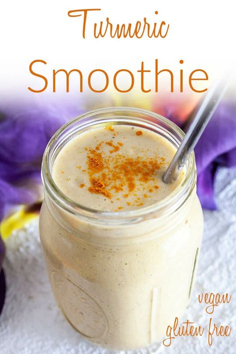 This Turmeric Smoothie is a healthy way to start your day. It's got ginger, turmeric, cinnamon, and cardamom. Turmeric Smoothie Recipe, Turmeric Latte Recipe, Beverages Recipes, Plant Based Smoothies, Night Oats, Vegan Drinks Recipes, Vegan Shakes, Turmeric Smoothie, Health Benefits Of Ginger