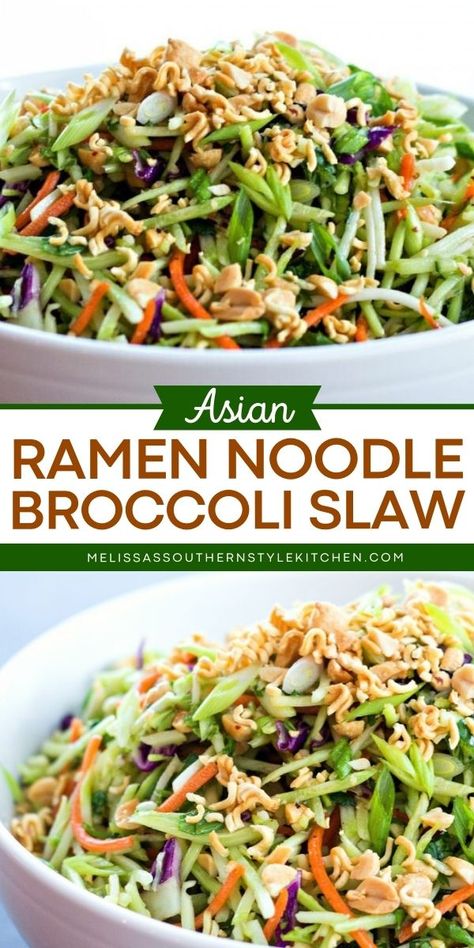 Whip up this Asian Ramen Noodle Broccoli Slaw! Wonderfully crunchy with a pop of flavor from a sweet and tangy dressing, this summer salad is amazing. You'll want to have this spring side dish recipe year-round! Shredded Broccoli Salad, Broccoli Slaw Ramen Noodle Salad, Salads Broccoli, Ramen Meals, Broccoli Slaw Dressing, Asian Broccoli Slaw, Asian Ramen Noodle, Broccoli Cole Slaw, Protein Salads