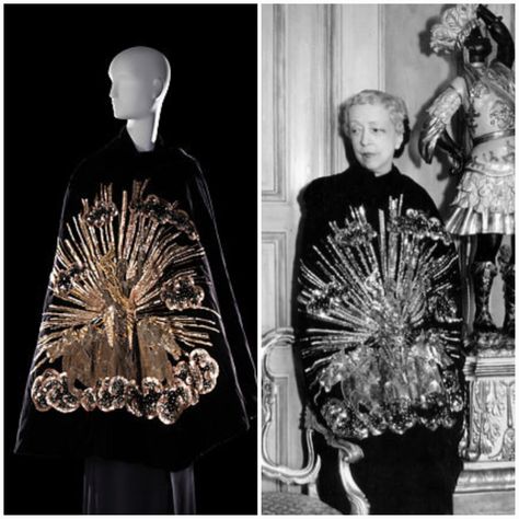 Elsie de Wolfe, Lady Mendl, was born 12.20.1865. She was photographed by Cecil Beaton in the late 1930s wearing an Elsa Schiaparelli "Apollo of Versailles" velvet cape from the Zodiac collection of winter 1938–39. The cape is in the @metmuseum #Schiaparelli #couture #cape [Posted by @vickyhaddock on Twitter] Schiaparelli Couture, Elsie De Wolfe, Velvet Cape, Zodiac Collection, Cecil Beaton, Elsa Schiaparelli, Fashion Gowns, Color Theory, Versailles