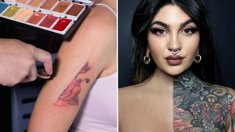 Makeup Artists Swear By These Tattoo Cover-Up Makeups Because They Won’t Rub Off Tattoo Cover Up Makeup Waterproof, Tattoo Cover Makeup, Tattoo Cover Up Makeup, Tattoo Makeup Coverup, Tattoo Cover Ups, Makeup Finishing Spray, Tattoo Coverup, Rimmel Stay Matte, Tattoo Makeup